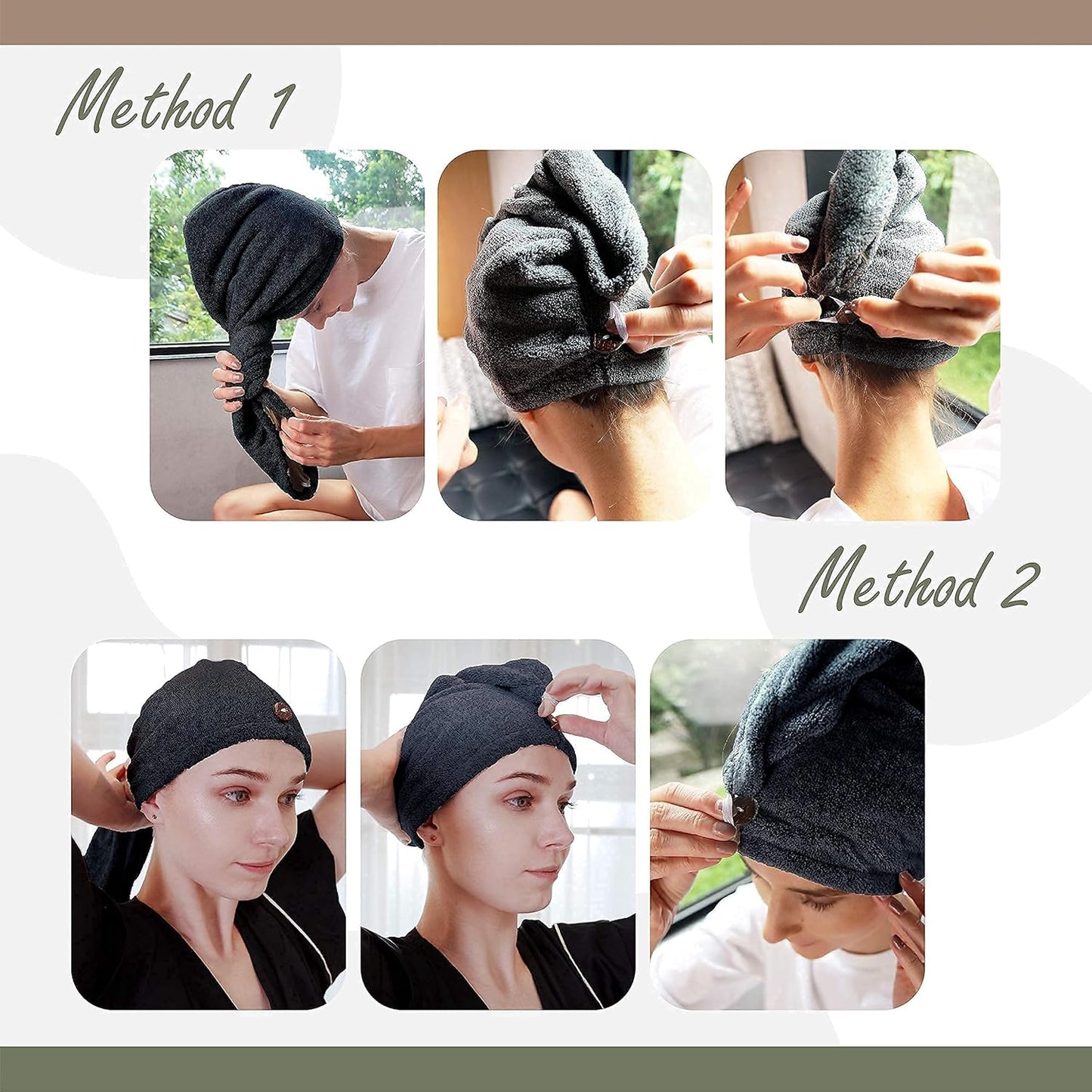 myHomeBody Hair Towel Wrap, Luxury Quick Drying Turban, Ultra Soft Absorbent Charcoal Fiber Cap, with Coconut Shell Button – Midnight Blue