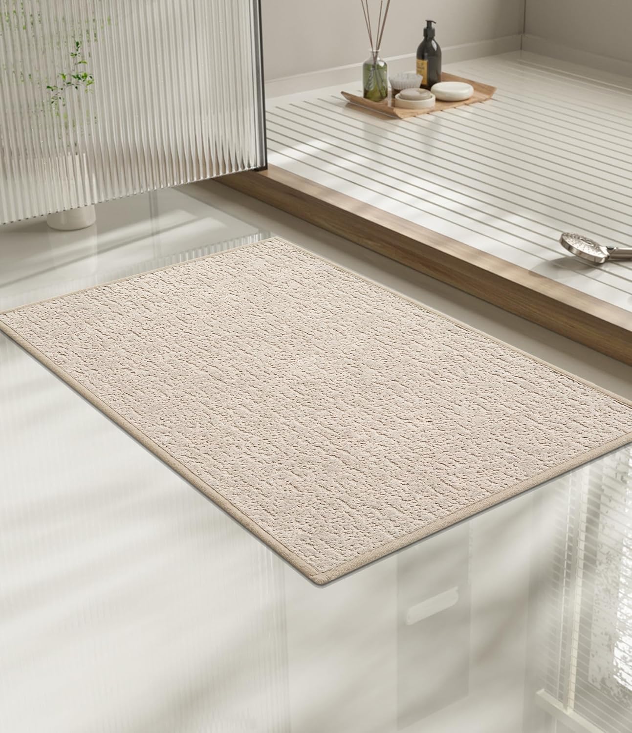 chakme Bathroom Rugs Mat 24x17, Ultra Thin Non Slip Bath Mat Small Quick Dry Absorbent Bath Mat for Bathroom Floor, (Light Beige, 24"x17")
