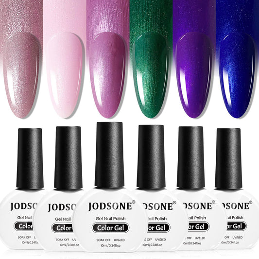 JODSONE 10ml Gel Nail Polish Set Glitter 6Colors Dark Green Glitter Pink Deep Blue Gel Polish Lacquer Glossy Art for Nail and Salon Need U V Lamp