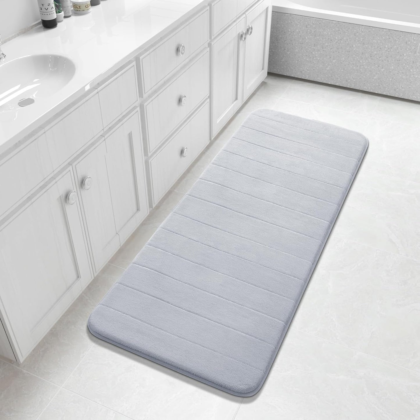 Yimobra Bathroom Runner 55"x24", Non Slip Memory Foam Bath Mat, Super Soft Water Absorbent Hallway Carpet, Machine Washable Rug for Vanity Tub Shower, Silver