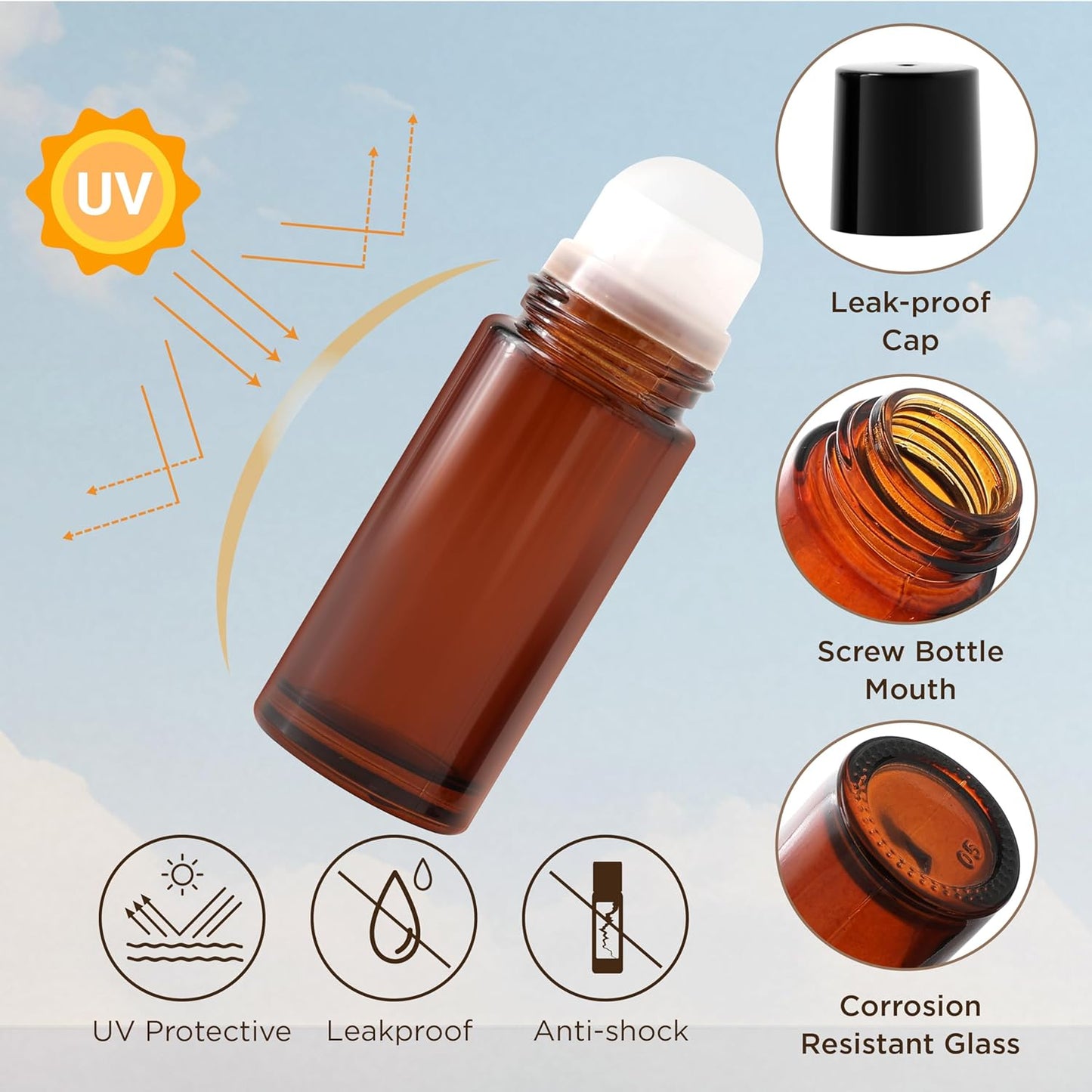 Essential Oil Roller Bottles, 2PCS (50ml/30ml) Thick Glass Perfume Roller Bottles with Funnel and Dropper Glass Empty Bottles Beauty and Personal Care Tools for Fragrance (Amber, 30ML)