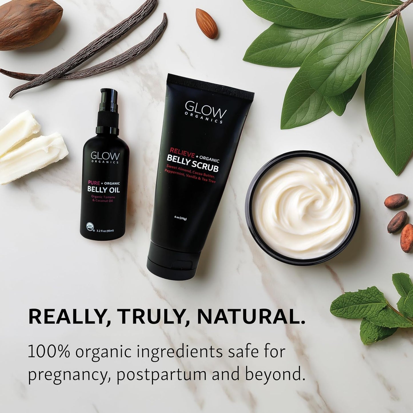 Glow Organics Stretch Mark Cream Belly Butter, Scrub and Oil, 3-Step Pregnancy Skin Care Kit, Belly Butter for Stretch Marks, Organic, Pregnancy & Baby Registry Must Haves, Mother To Be Gift.