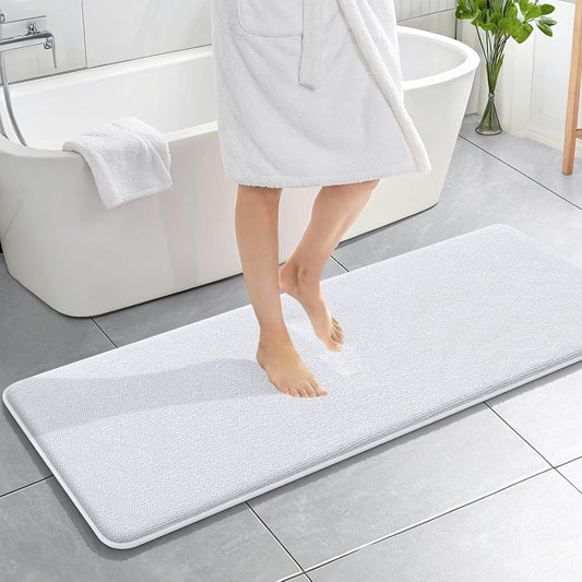 OLANLY Thick Memory Foam Bath Mat Rug 59x20, Extra Soft Absorbent Bathroom Rug, Quick Dry Bath Mats, Non-Slip, Machine Washable Carpet for Bathroom, Tub and Shower, Home Decor Accessories, White