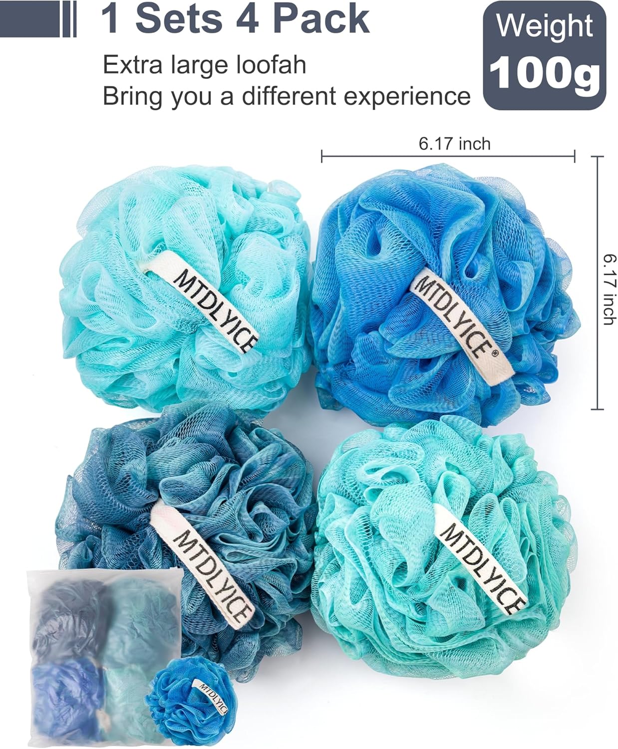 Loofah Sponge, XXL Large Loofah 100g 4 Pack, Bath Sponge Soft Mesh Shower Loofah for Men, Body Scrub, Shower Pouf Bath Accessories, for Body Wash, Soap (Blue)