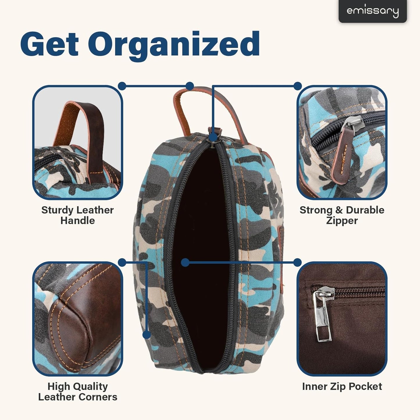 emissary Men's Toiletry Bag, Leather and Canvas Travel Toiletry Bag, Dopp Kit for Men,Bathroom Bag Men's Shaving Kit, Travel Kit Small Bags for Men, Shaving Bag for Travel (Camo-Blue)
