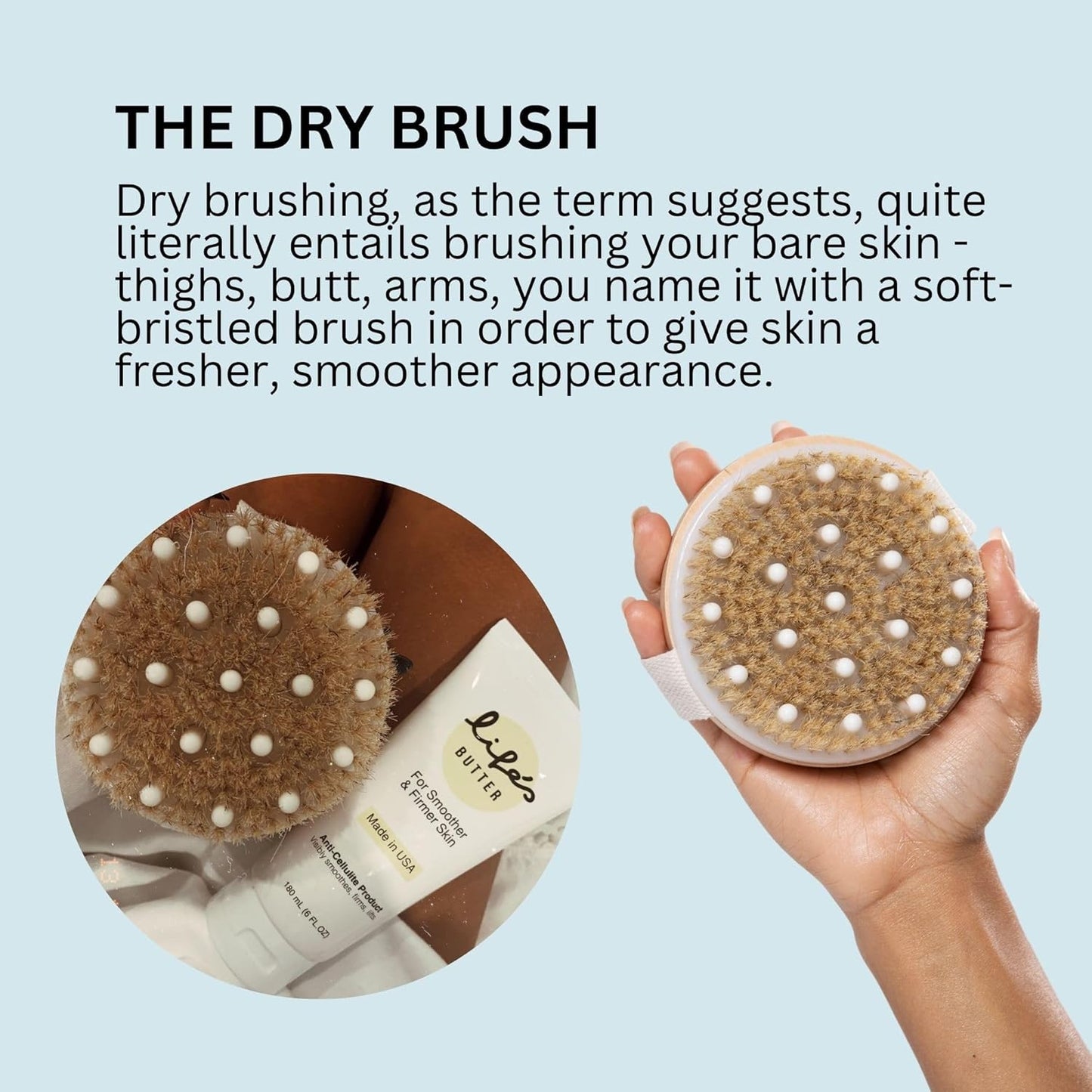 Life's Butter Anti-Cellulite Cream with L-Carnitine, Coenzyme Q10 | Skin Smoothening Natural Product | Fights Cellulite and Stretch Marks | 6 fl oz (Scent-Free) + Dry Brush