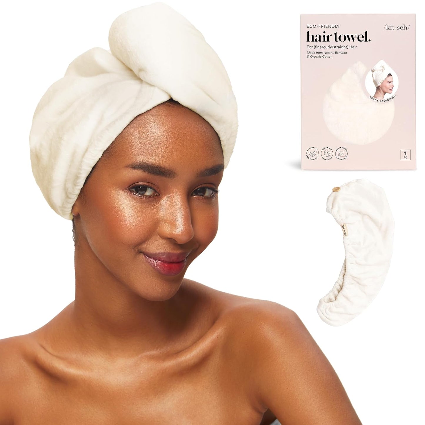 Kitsch Microfiber Hair Towel Wrap for Women - Microfiber Towel, Super Absorbent, Quick Dry, Anti-Frizz - for Long and Short Hairs, Turbans for Women, Hair Wrap - White Ivory