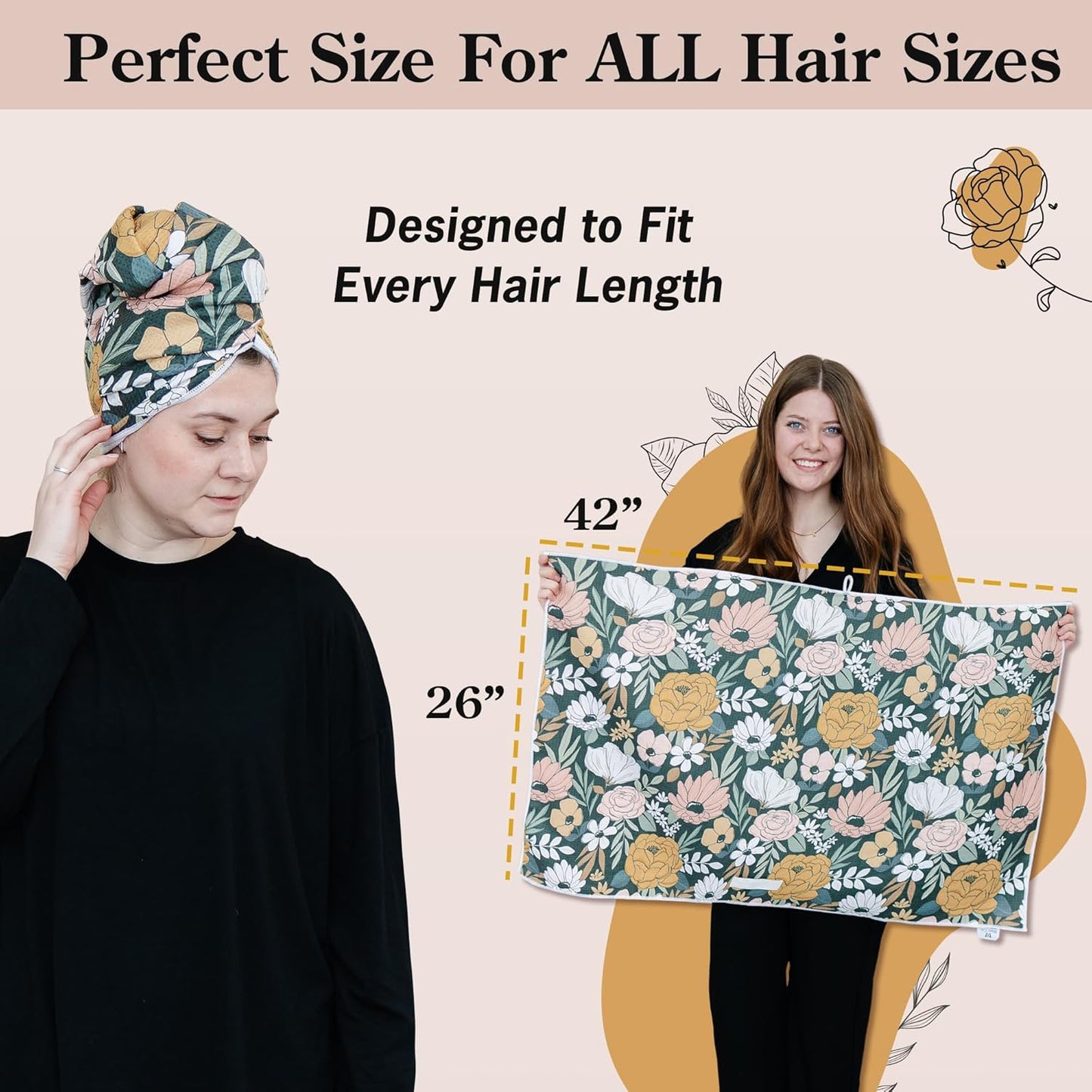 Dark Floral Microfiber Hair Towel Wrap for Women: Quick Dry, Anti-Frizz Hair Drying Towel for Long, Curly, or Wet Hair. Soft Turban Hair Wrap for Shower, Spa & Travel