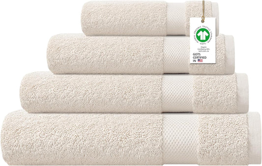 Delara 100% Organic Cotton Towels 650 GSM Plush Feather Touch Quick Dry Towel, 4-Piece Towel Set GOTS Certified, Oeko-Tex Green Certified, 1 Bath Towel, 1 Bath Sheet, 1 Hand Towel & 1 Wash Cloth