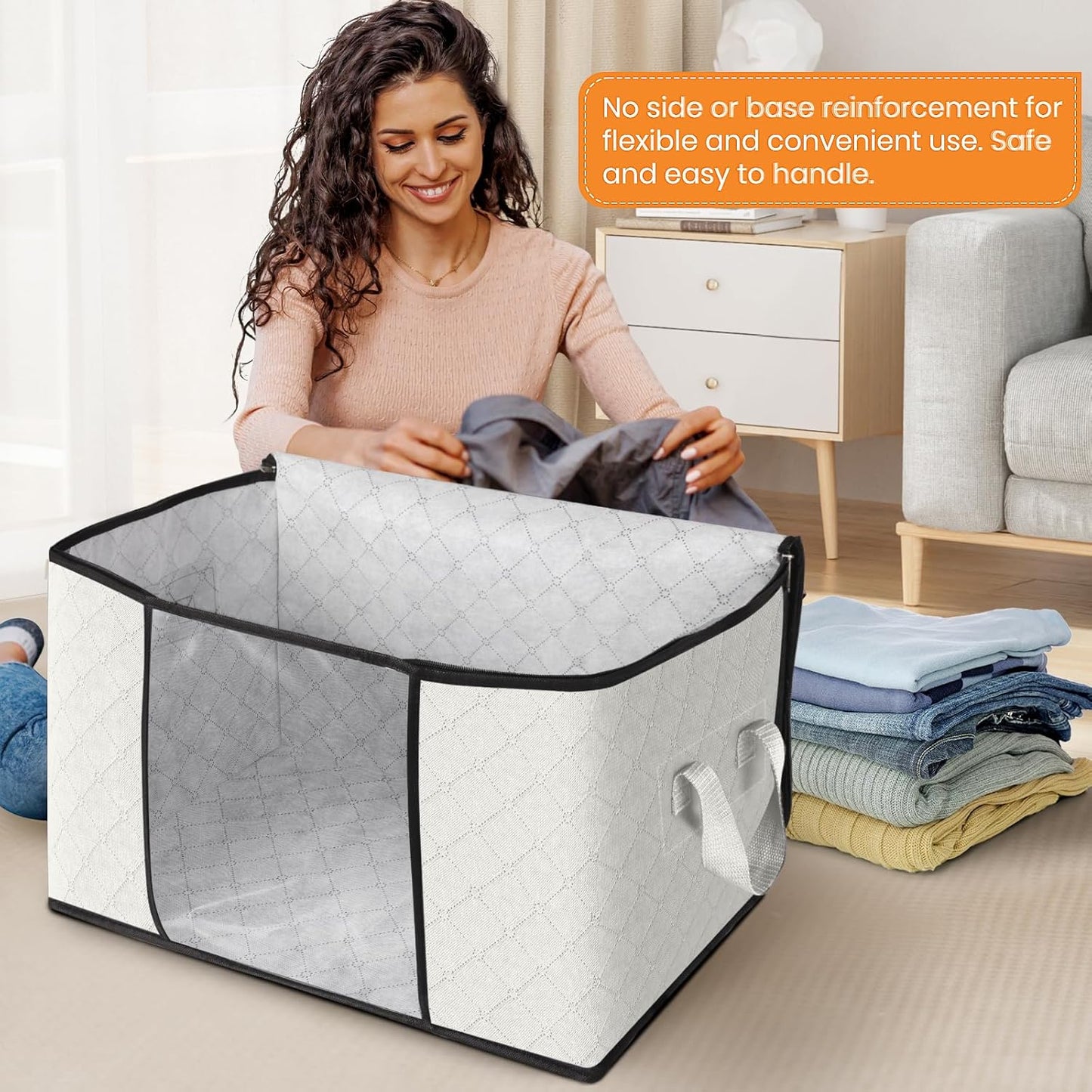 Fab totes 24 Gallons Clothes Storage, Foldable Thick Fabric Blanket Storage Bags, Containers for Organizing Bedroom, Closet, Clothing, Comforter, Organization with Handle (4 Pack,Ivory)