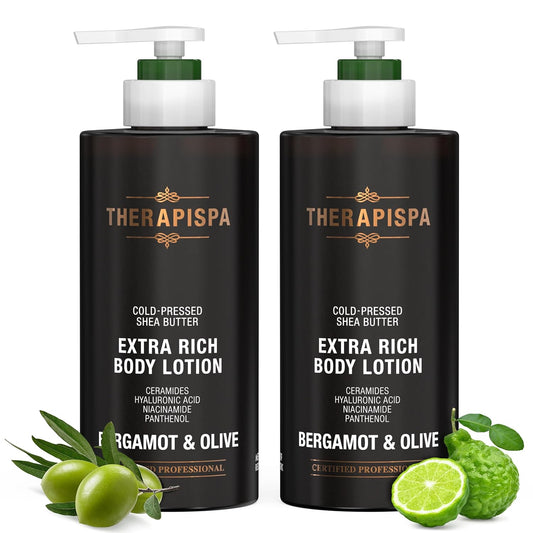 THERAPISPA Scented Body Lotion for Women – Deep Hydration & Refreshing Moisturizer with Shea Butter, Ceramides & Panthenol to Revive & Nourish Dry Skin (Bergamot & Olive, 17.0 fl oz)