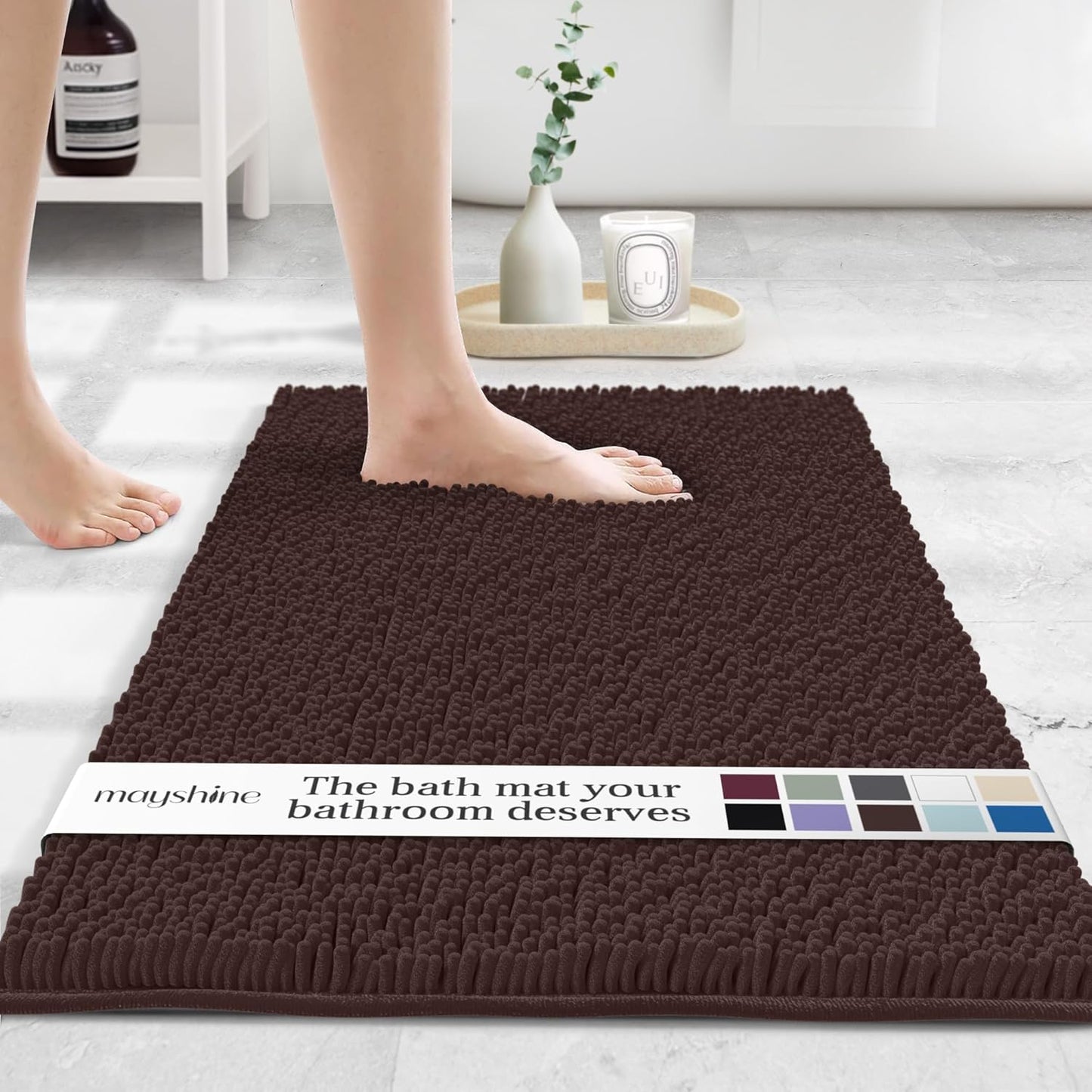 MAYSHINE Plush Shaggy Chenille Bath Mat | Extra Soft, Super Absorbent, Non-Slip Bathroom Rug | Fluffy Microfiber, Area Rug Sets for Bathroom Floor, Kitchen, Living Room | 24"x17" | Brown