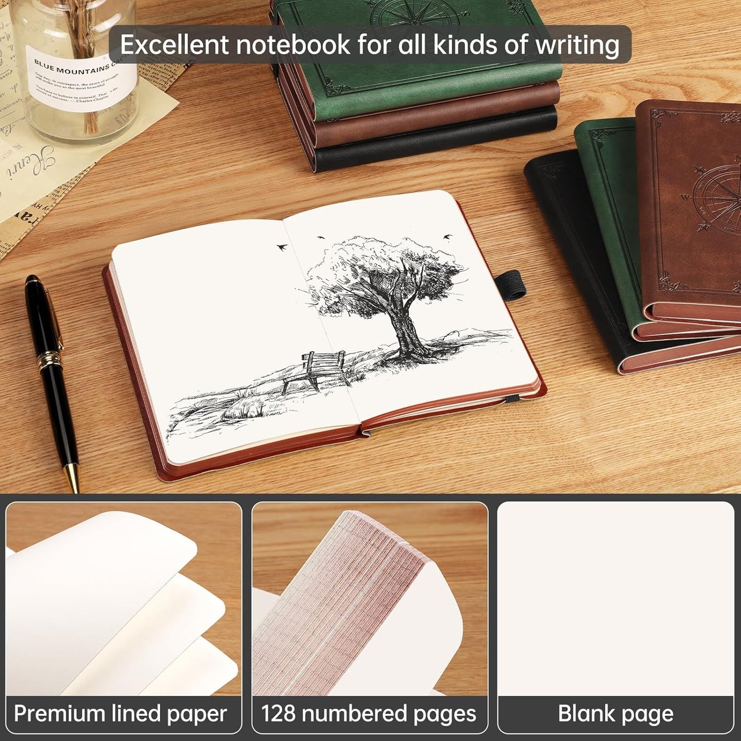 AHGXG Small Blank Pocket Journal Notebook for Men - 256 Numbered Pages B6 Mini Journal, Vintage Soft Leather Hardcover, 80gsm Paper, for Women Work Office School, 4.1'' X 5.7''- Black