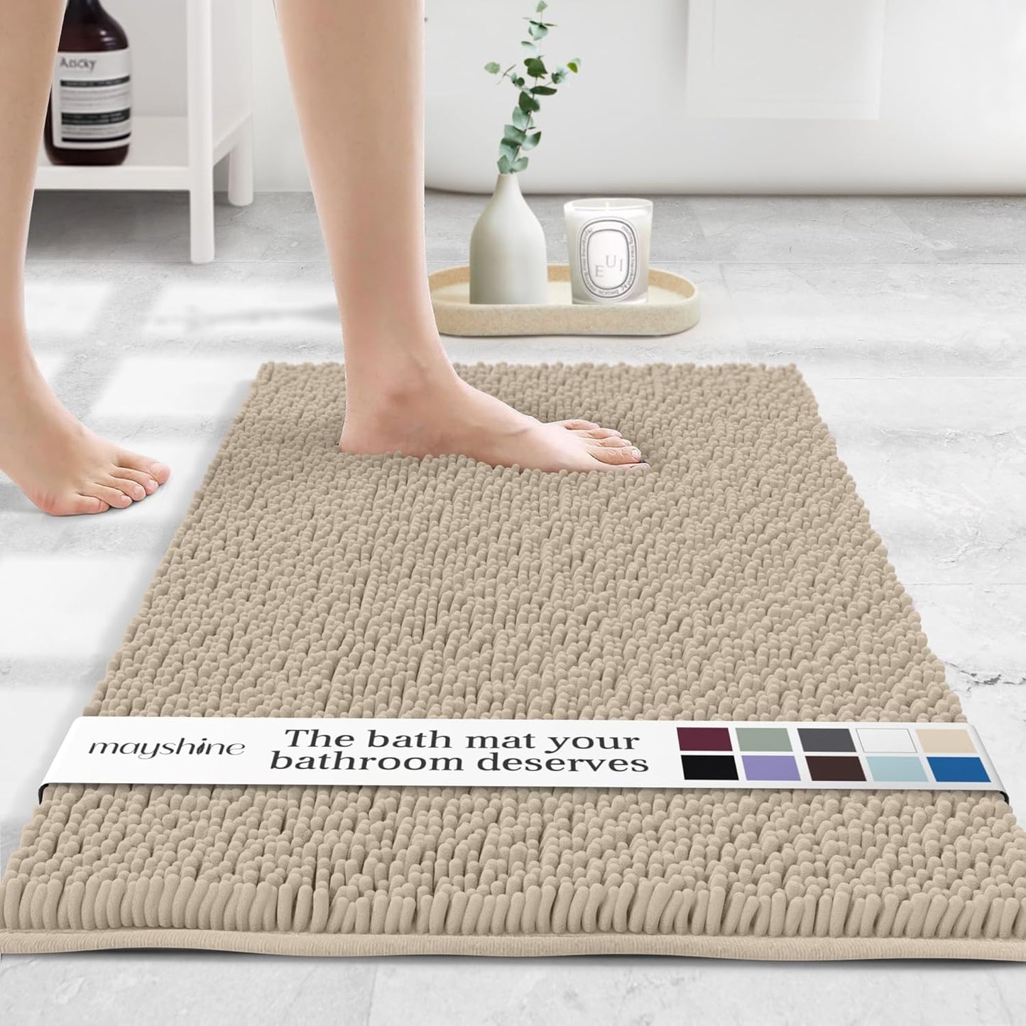 MAYSHINE Plush Shaggy Chenille Bath Mat | Extra Soft, Super Absorbent, Non-Slip Bathroom Rug | Fluffy Microfiber, Area Rug Sets for Bathroom Floor, Kitchen, Living Room | 23"x14" | Beige
