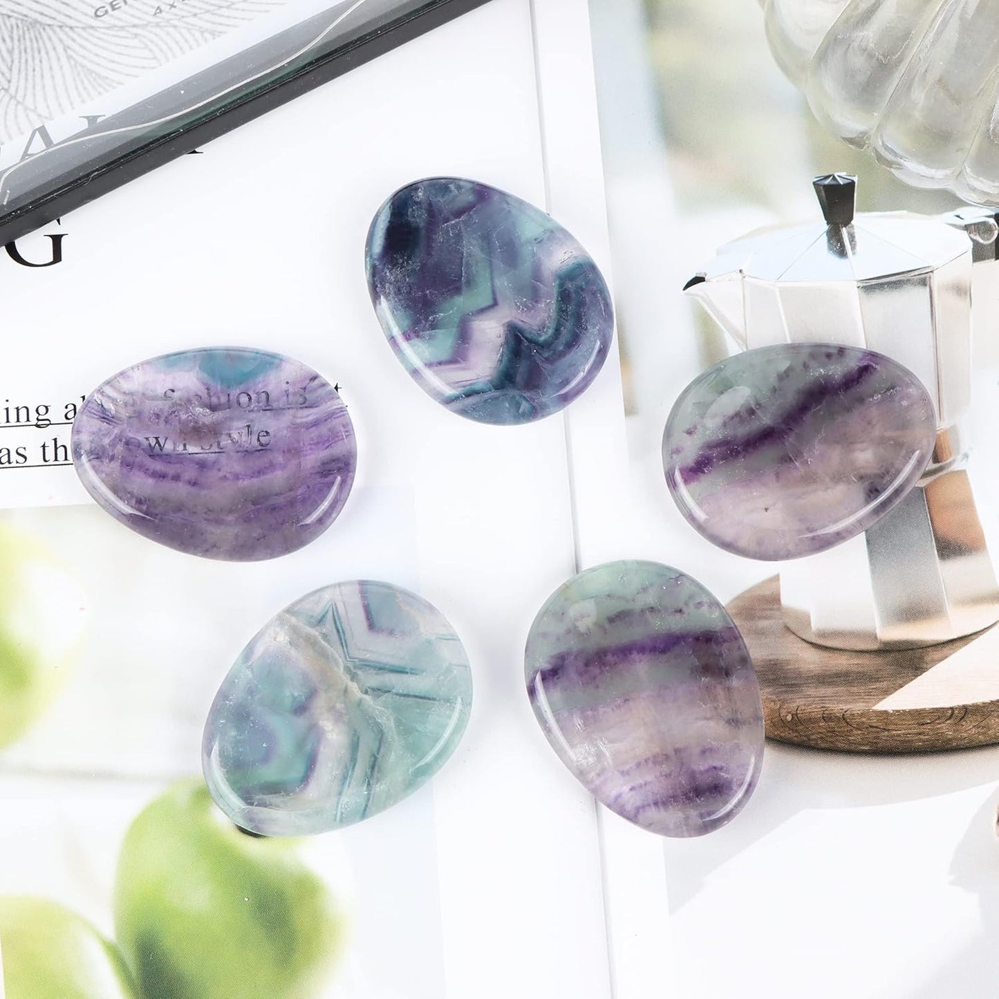Artistone Rainbow Fluorite Crystal Chakra Thumb Worry Stone Teardrop Reiki Healing Stone Pocket Palm Stones for Anxiety Stress Relief Meditation Therapy Geometry Home Decorations