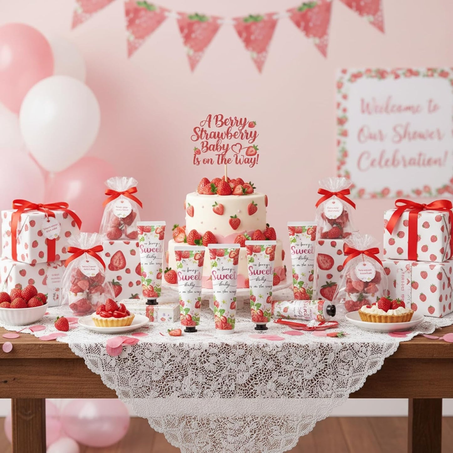 48 Sets a Sweet Strawberry Is on The Way Hand Cream Gifts Bulk Baby Shower Hand Cream Travel Size Lotion Bulk Fall Thanksgiving Party Supplies Favors Birthday Wedding for Guest