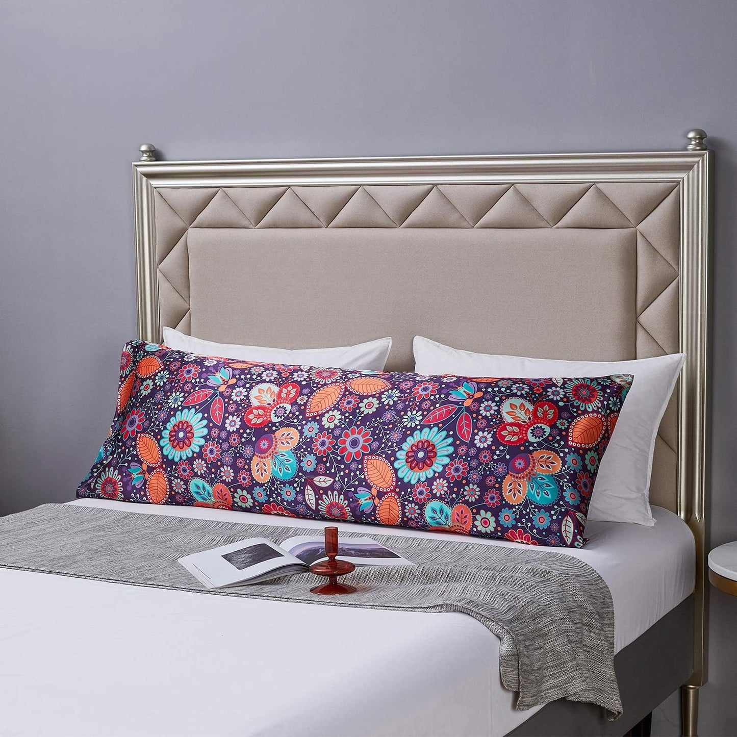 MR&HM Satin Body Pillow Cover, Soft and Breathable Body Pillow Case with Envelope Closure, Cooling and Silky Long Pillowcase for Hair and Skin,Grey (20x54, Sunflower)