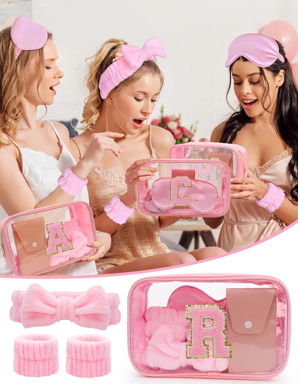 Gift Sets for Women, Initial Makeup Bag with Makeup Brush Set Bachelorette Party Favors, Pink Spa Kit with Skincare Headbands Wrist Bands Sleepover Party Supplies Gifts for Teen Girls Bridesmaid R