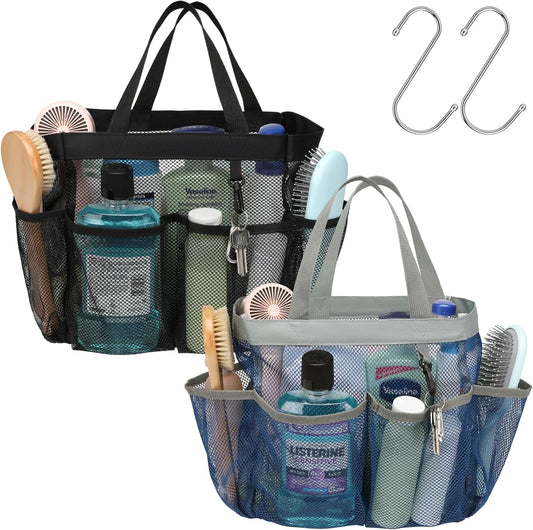F-color Mesh Shower Caddy Portable - 2 Handles Upgrade Deeper 7 Pockets Basket Bag Tote for College Dorm Room Toiletry Bathroom Essentials Gym Camp Quick Dry with S Hook, 2 Pack, Black & Blue