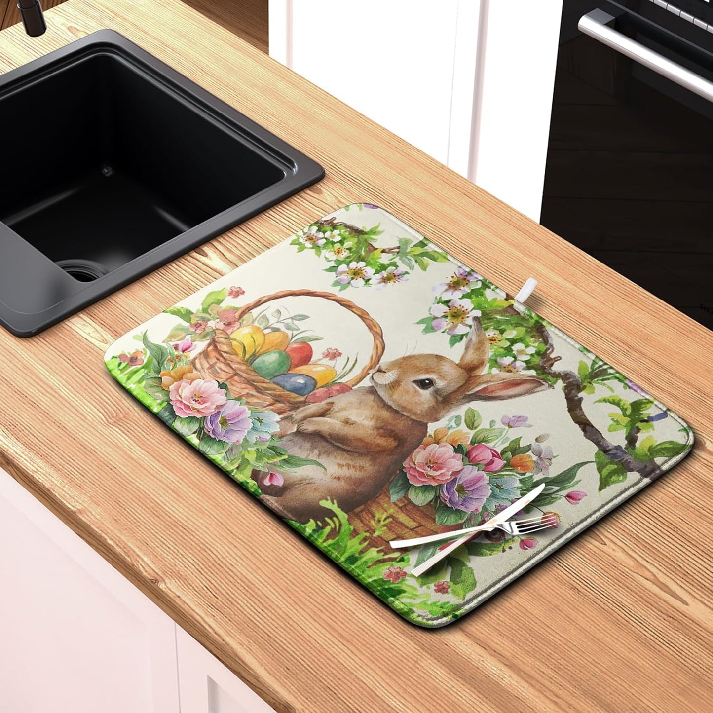 Easter Egg Bunny Dish Drying Mat for Kitchen Counter Floral Flower Basket Drying Mats Absorbent Dish Pad Spring Summer Holiday Large Dish Draining Mat 18x24 inch