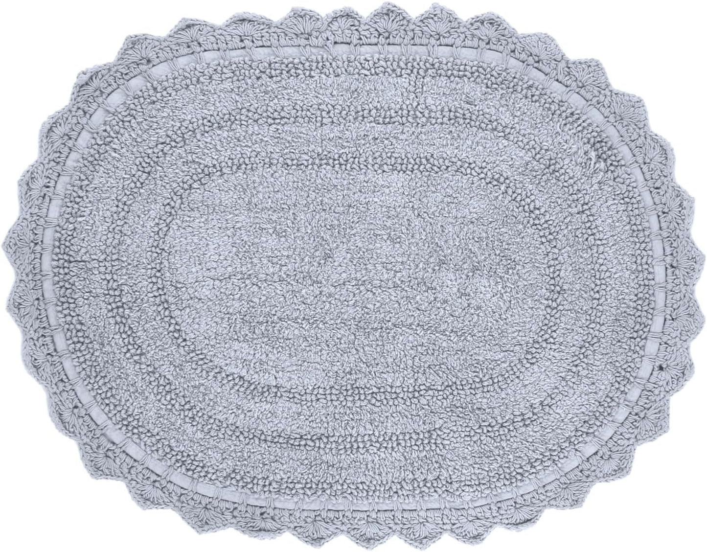 RAJRANG Bath mat for Bathroom Kitchen and Spa with Crochet Pattern Cotton Absorbent Soft Reversible Light Grey Bath Rug Oval 24x17 Inches