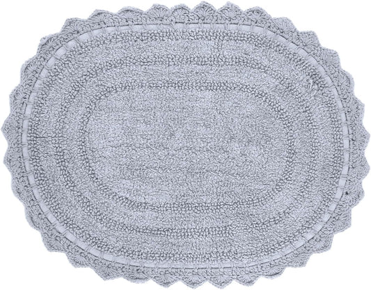 RAJRANG Bathroom Rug for Kitchen and Spa with Crochet Pattern Cotton Absorbent Soft Reversible Woven Bath Mat Light Grey Oval 34 x 21 Inches