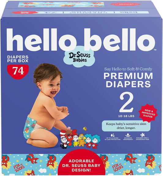 Hello Bello Dr. Seuss Babies Premium Diapers, Size 2, 74 Count: Softness & Protection for Sensitive Skin