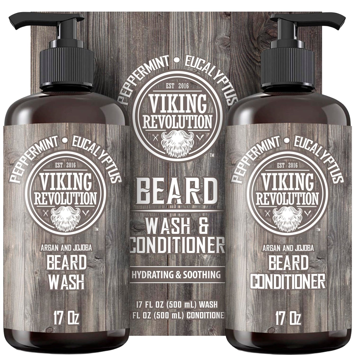 Viking Revolution Beard Wash & Conditioner Set w/Argan & Jojoba Oils – Softens, Smooths & Strengthens Beard Growth - Natural Peppermint and Eucalyptus Scent - Shampoo (17 oz)