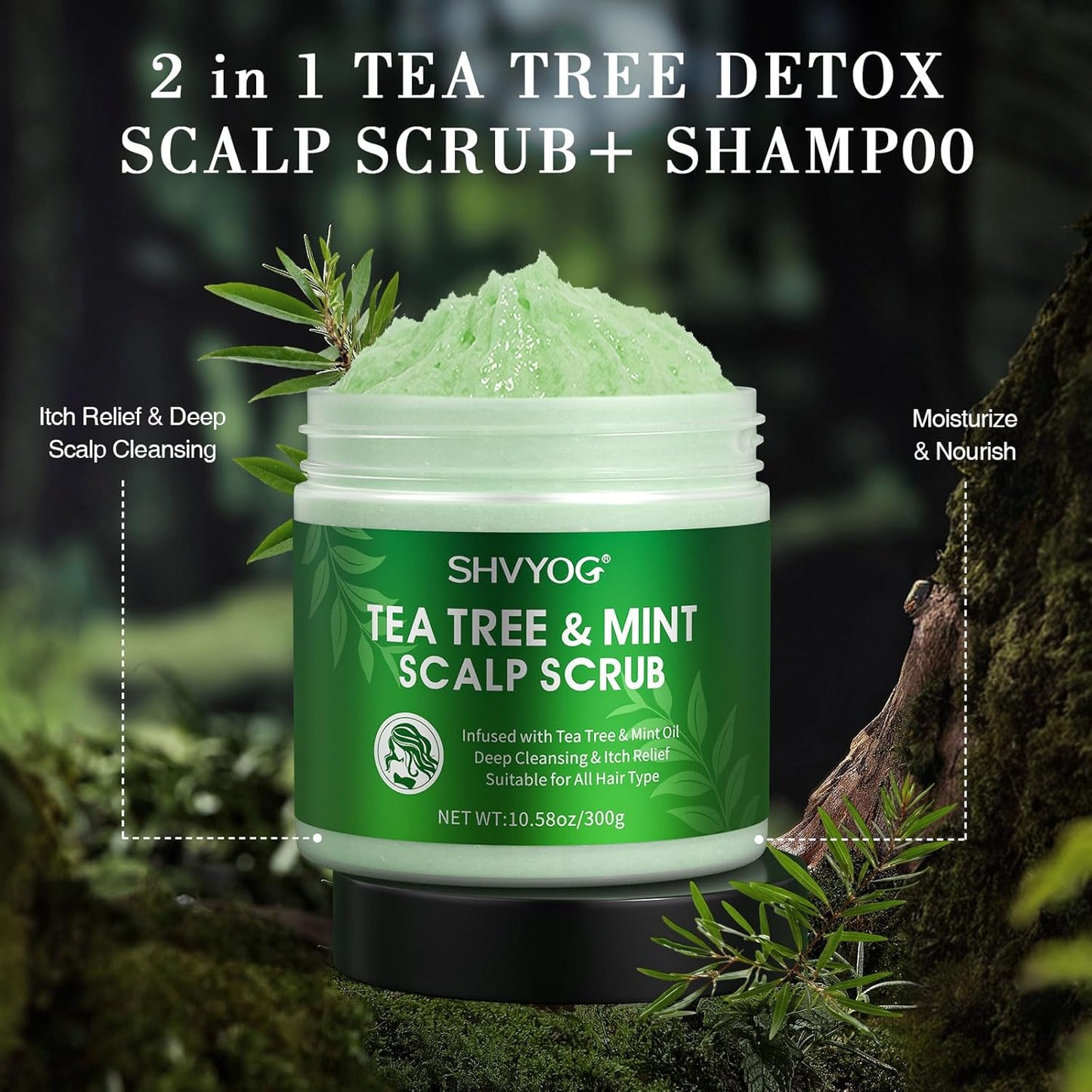 SHVYOG Scalp Scrub, Tea Tree Scalp Exfoliator, Scalp Exfoliator Scrub for Build Up, Itchy Scalp Relief Hair Treatment Nourishing Detox Hair Care with Scalp Massager, 10.58 oz