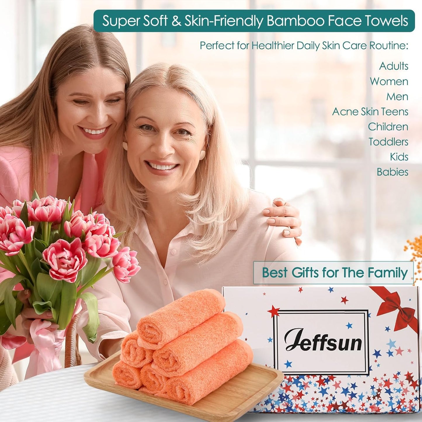 Face Towels 6 Pack, Extra Large 13x13 inch Orange Wash Cloths for Face and Body, Super Soft and Absorbent Bath Washcloths on Sensitive Skin, Easy to Clean Quick Dry Facial Cleaning Cloths with Loop