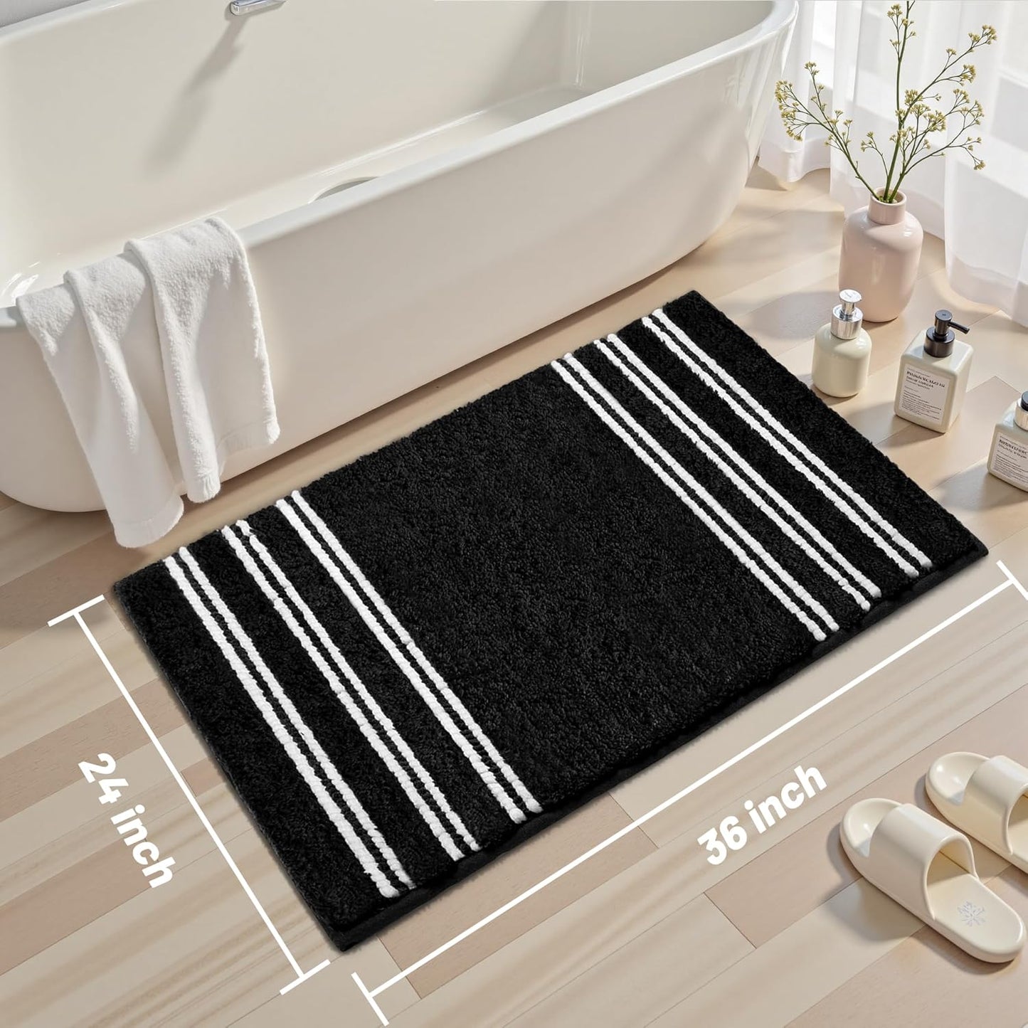 Bathroom Rugs 24x36 Extra Soft Absorbent Bath Mat Chenille Non Slip Shower Mat Rubber Backing Machine Washable Bath Mats for Bathroom Shaggy Black Bath Rugs for Tub, Hallway