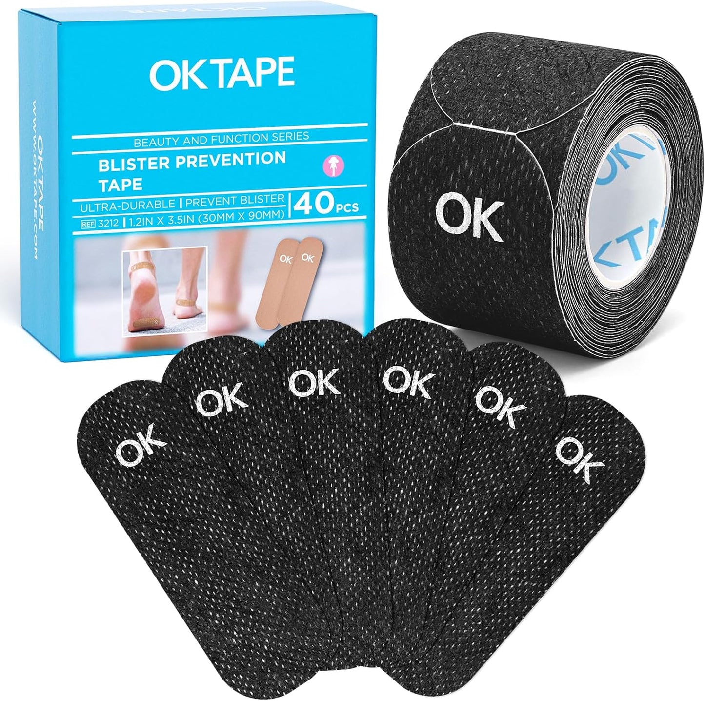 OK TAPE Pre-Cut Blister Bandages for feet | Blister Prevention Tape for Feet, Fingers, Toes | 1.2in x 3.5in,Black,40pcs