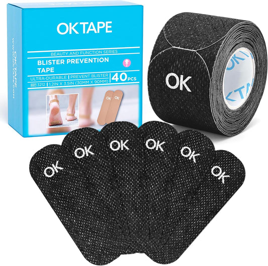 OK TAPE Pre-Cut Blister Bandages for feet | Blister Prevention Tape for Feet, Fingers, Toes | 1.2in x 3.5in,Black,40pcs