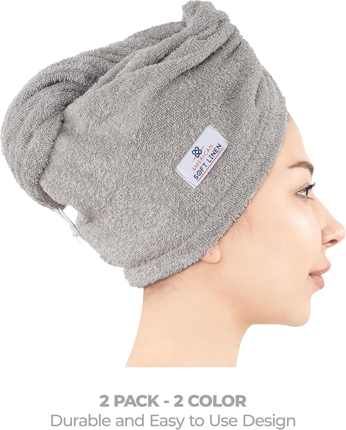 American Soft Linen 100% Cotton Hair Towels for Women, Head Towel Cap, Cotton Hair Turban Towel Wrap, Soft and Absorbent 2 Pack, Black-Light Gray