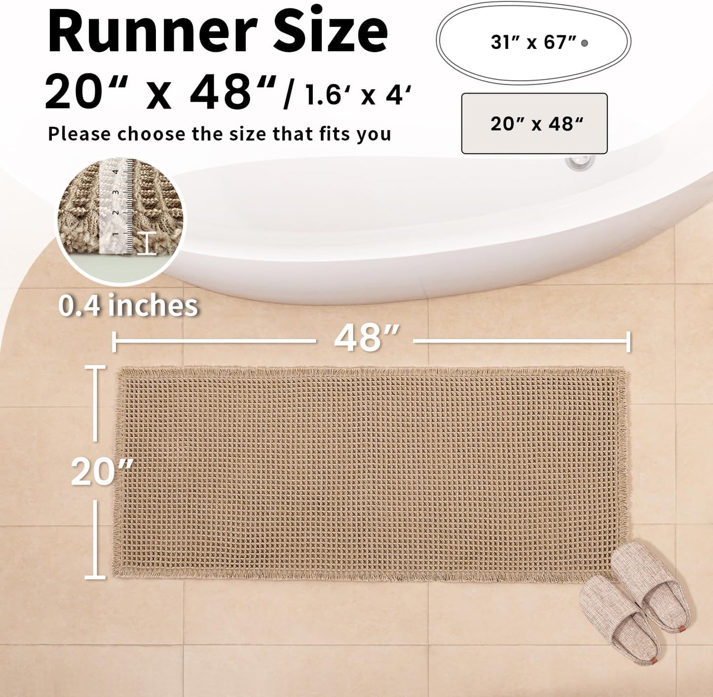 Waffle Bath Mat - Boho Bathroom Rugs Non Slip Washable, Super Absorbent & Quick Dry, Soft Bath Mat Farmhouse Bathroom Decor, 20'' x 48'', Khaki