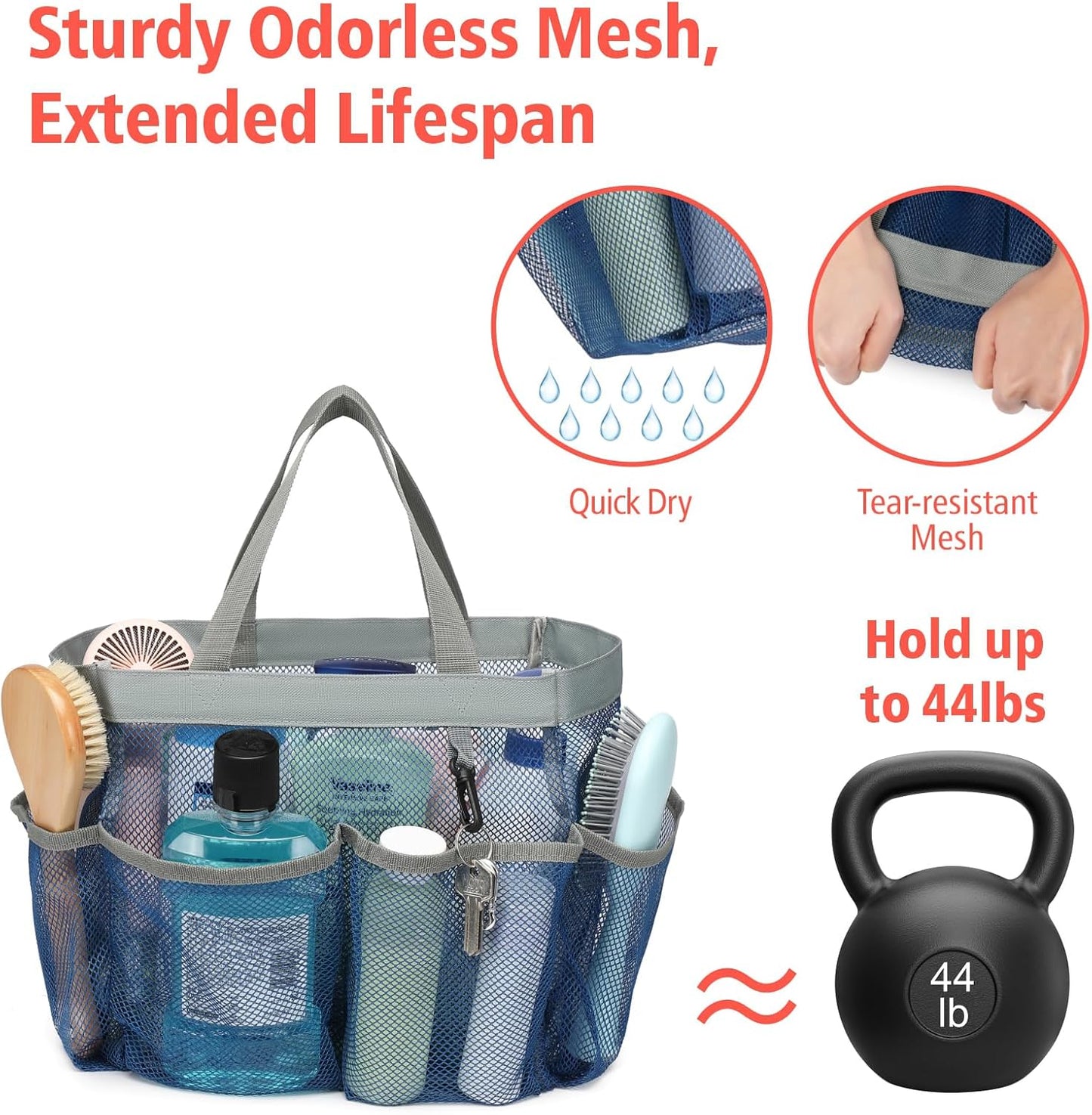 F-color Mesh Shower Caddy Portable - 2 Handles Upgrade Deeper 7 Pockets Basket Bag Tote for College Dorm Room Toiletry Bathroom Essentials Gym Camp Quick Dry with S Hook, 2 Pack Blue
