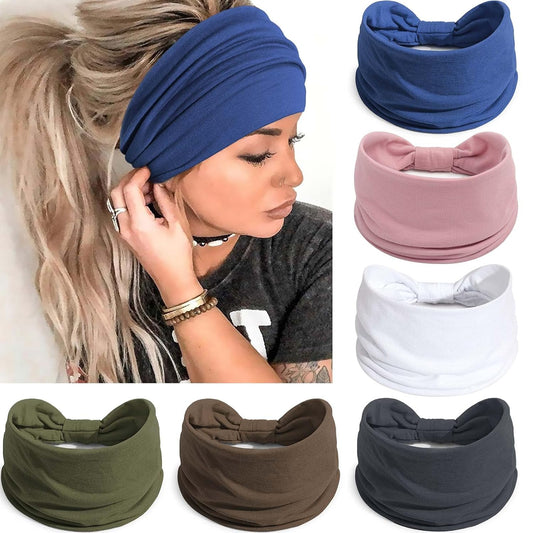 Wide Headbands for Women Knotted No Slip Head Bands Soft Turban Headband Hair Accessories Boho African Solid Color Head Wraps for Women Yoga Workout Pack of 6