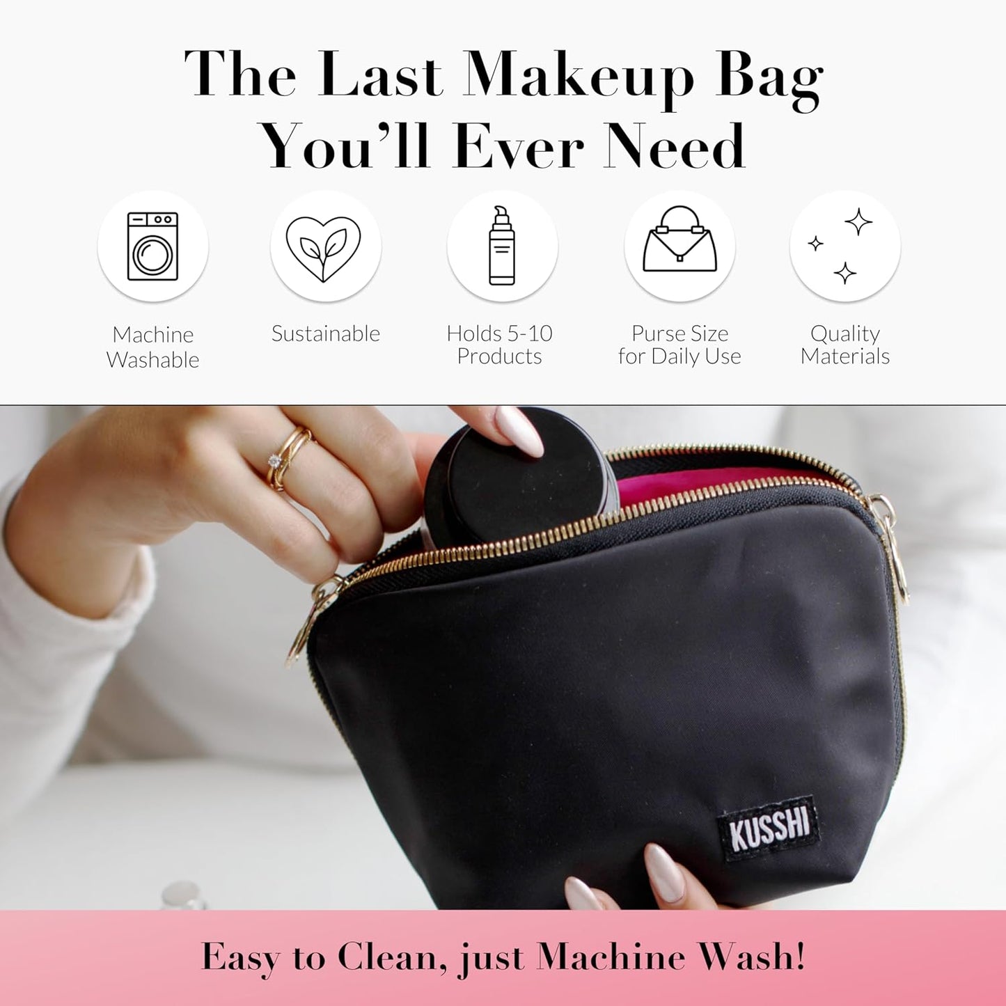 KUSSHI Washable Travel Makeup Bag for Purse (Everyday, Satin Black/Pink)