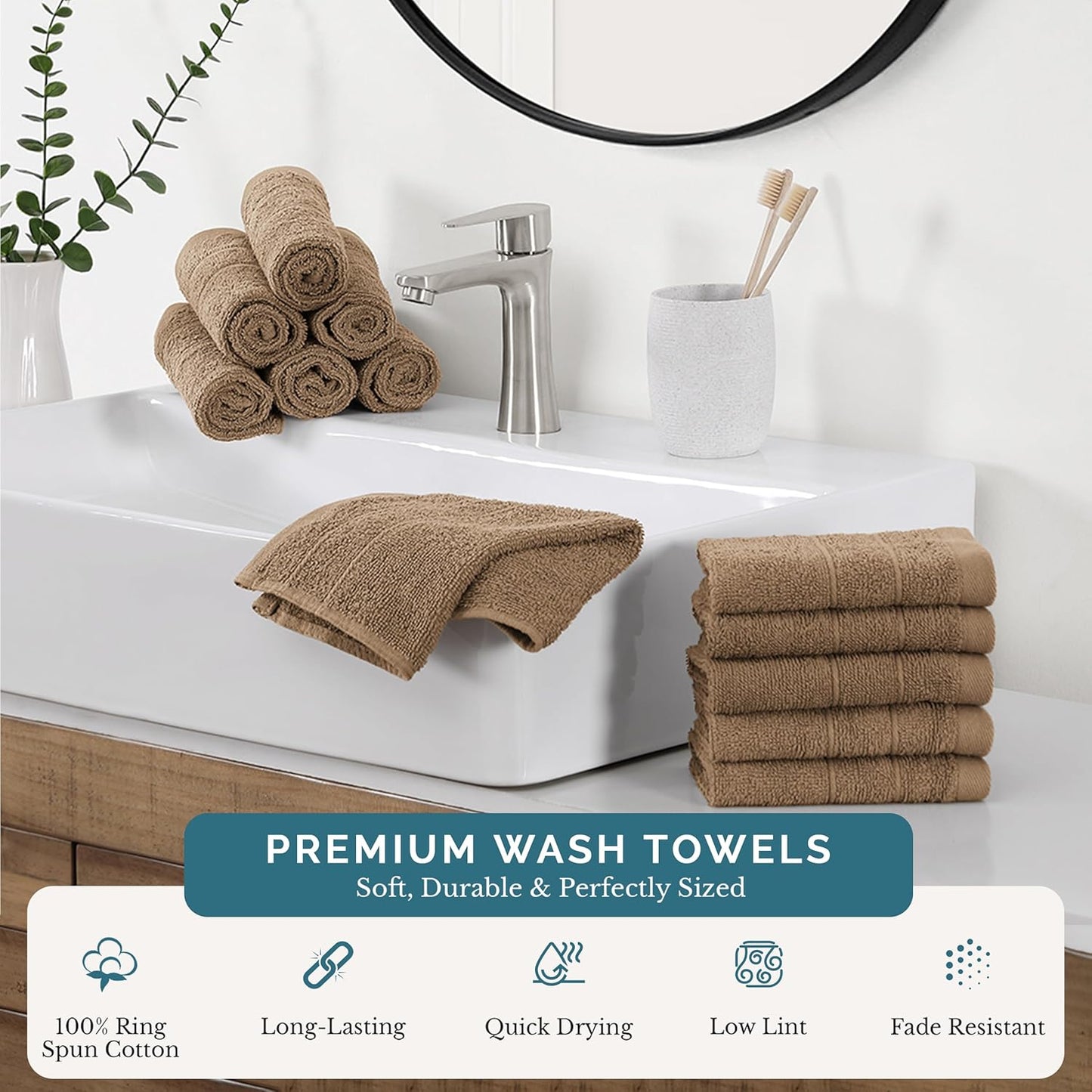 Casa Platino Washcloths 12 Pack - Spa & Salon Quality - 100% Ring Spun Mercerized Cotton Face Towels - Very Soft & Absorbent Wash Cloths for Body, Beauty, Home, Gym - Fingertip Towels - 13"x13", Taupe