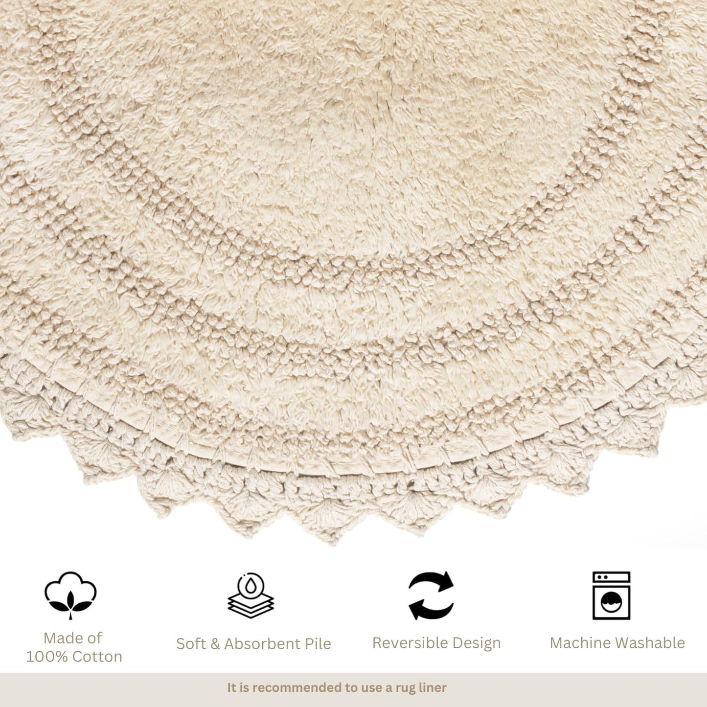 RAJRANG Bathroom Mat for Kitchen and Spa with Crochet Pattern Cotton Absorbent Soft Reversible Woven Bath Rug Shortbread Oval 34x21 Inches