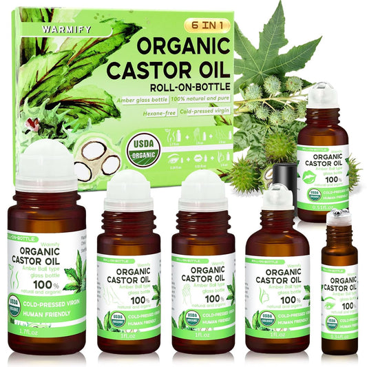 6-in-1 Castor Oil Roll on for Eye,Face,Hand,Feet,Body Skin,Certified Organic Cold Pressed Castor Oil Roller ball unrefined Glass Bottle - Total 5.58 fl.oz