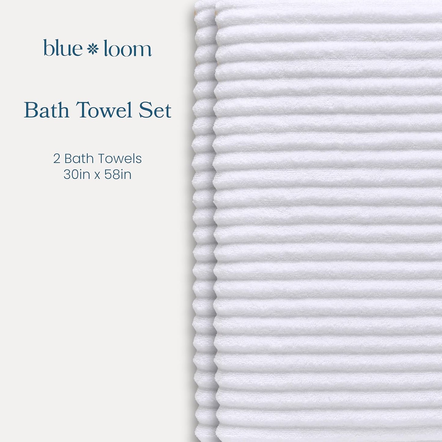 Blue Loom Ribbed Bath Towels Set, 100% Cotton 600 GSM, Soft Absorbent Durable Quick Drying 2 Bath Towels for Bathroom - Mason Set of 2 White (58" x 30" Inch)