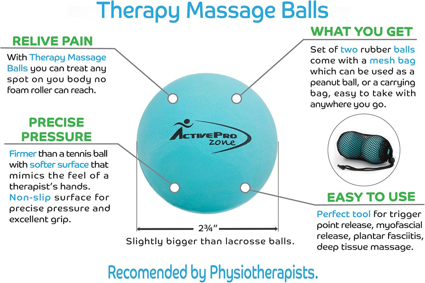 Therapy Massage Ball - Instant Muscle Pain Relief. Proven Effective for Myofascial Release, Deep Tissue Pressure, Yoga & Trigger Point Treatments. Set - 2 Extra Firm Balls W/Mesh Bag.