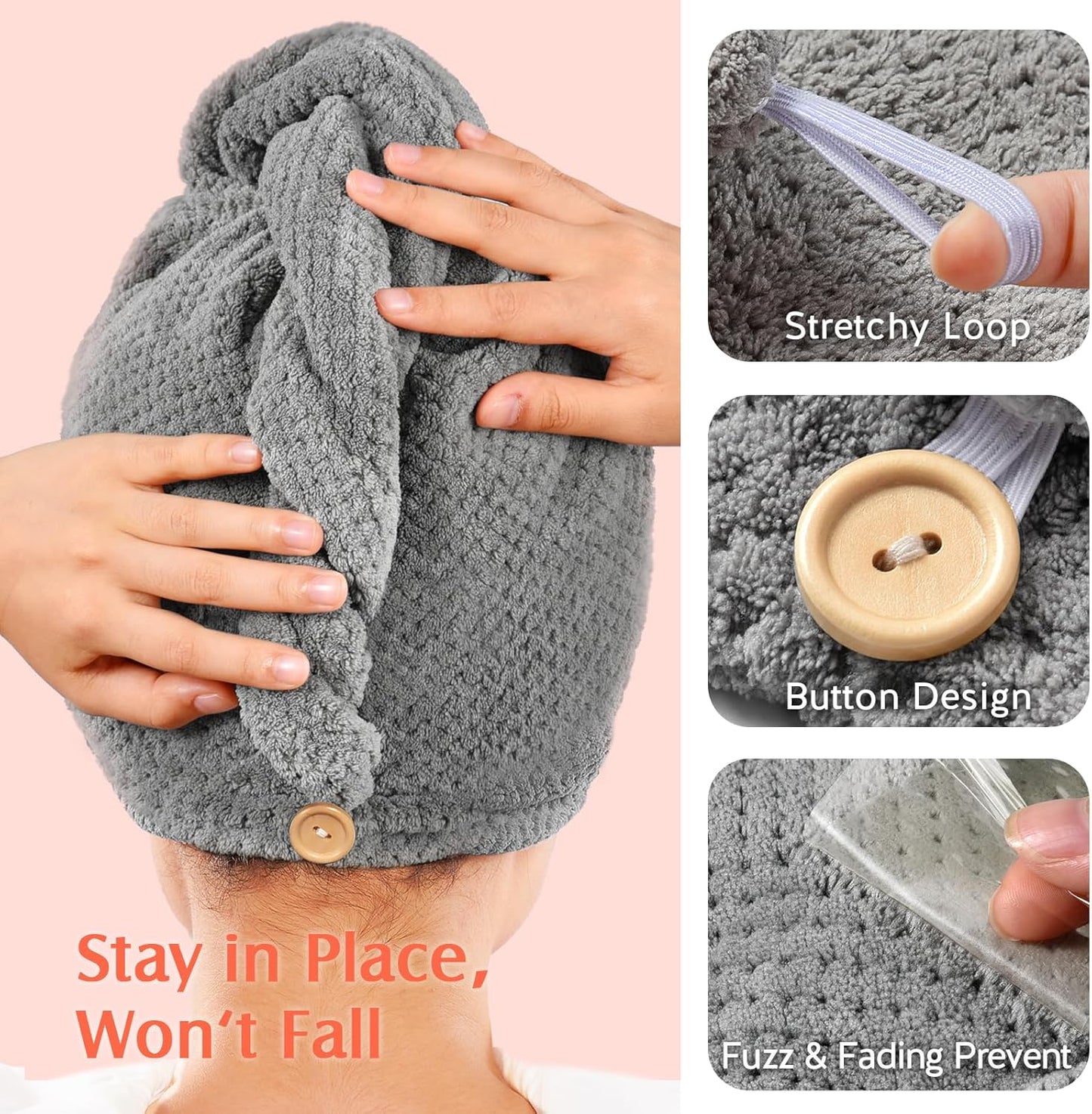 YFONG 2 Pack Microfiber Hair Towel Wrap for Women, Super Absorbent Quick Dry Hair Turban for All Hair Style Anti Frizz, Large Hair Drying Towel with Button