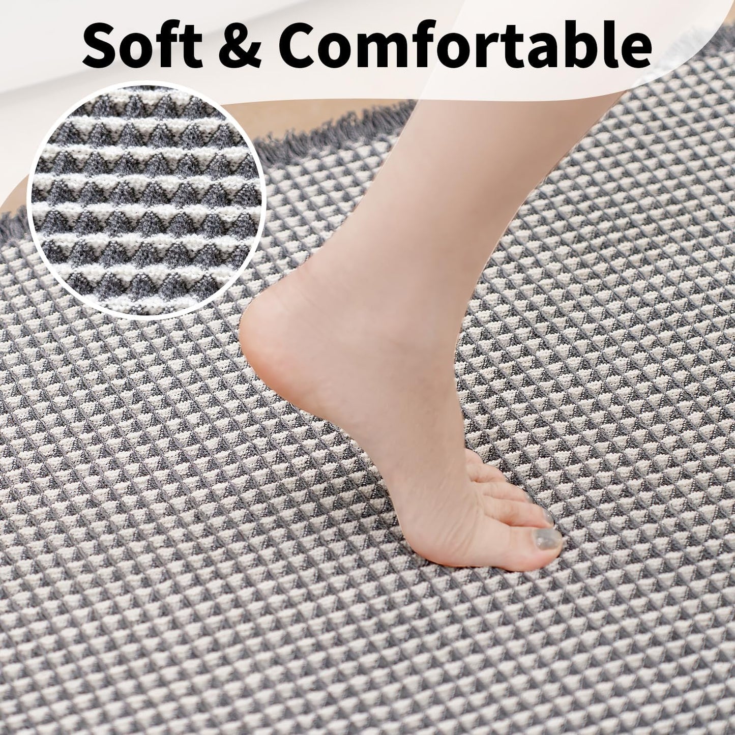 Waffle Bath Mat - Boho Bathroom Rugs Non Slip Washable, Super Absorbent & Quick Dry, Soft Bath Mat Farmhouse Bathroom Decor, 20'' x 48'', Dark Grey and White