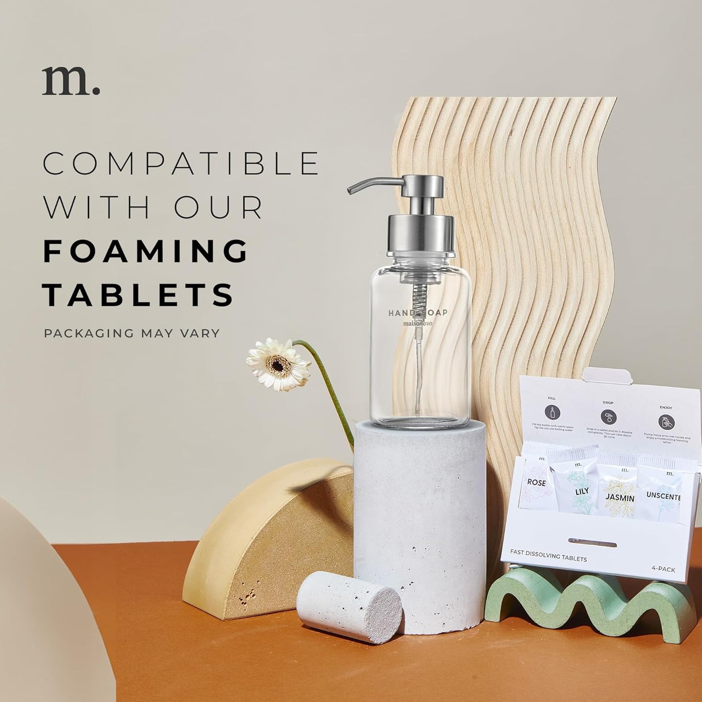 MaisoNovo Glass Foaming Hand Soap Dispenser 14 Oz | Clear Foaming Soap Dispenser Clear Bottle Silver Pump x 1 w/Labels