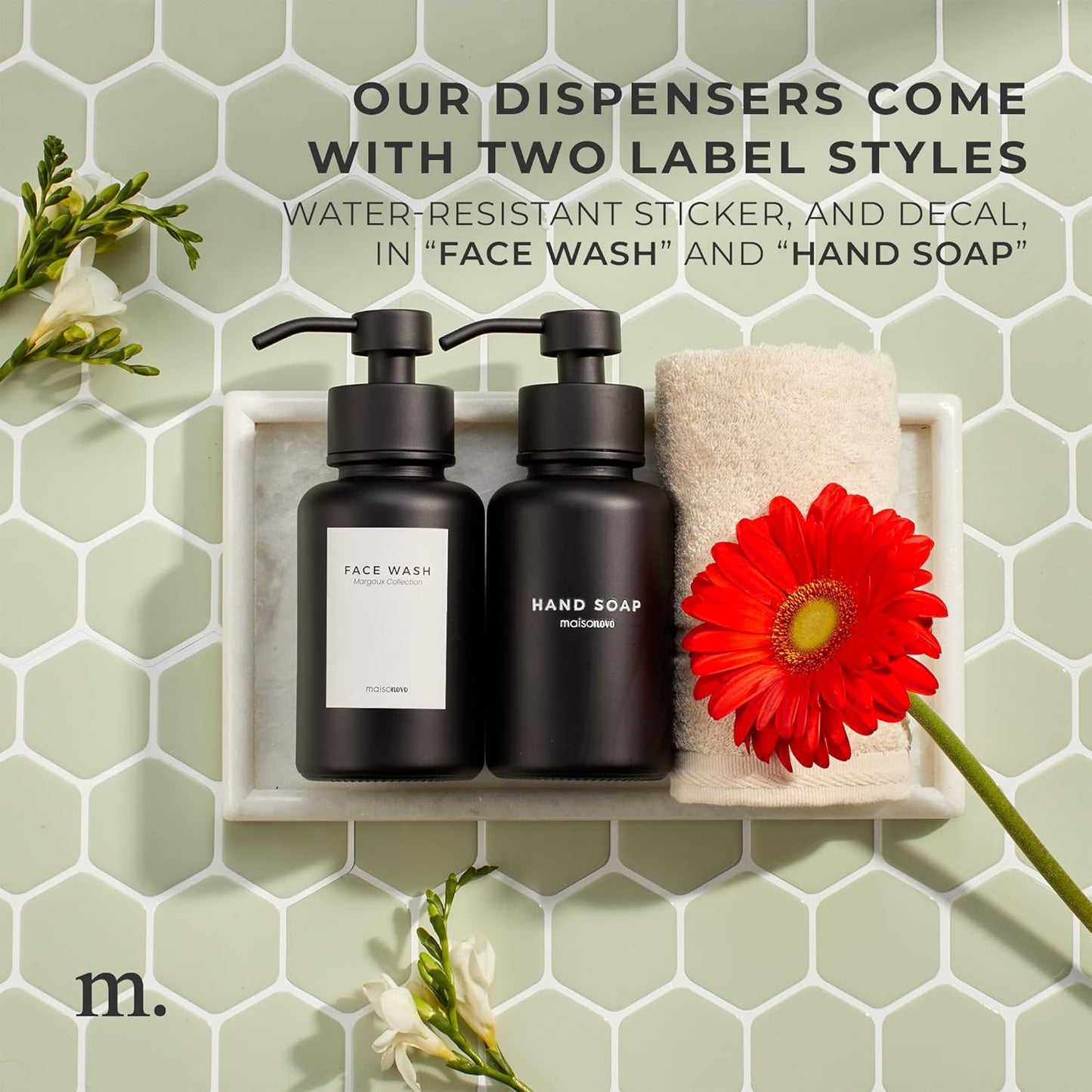 MaisoNovo Glass Foaming Hand Soap Dispenser 14 Oz | Black Foaming Soap Dispenser Black Pump x 1 w/Labels