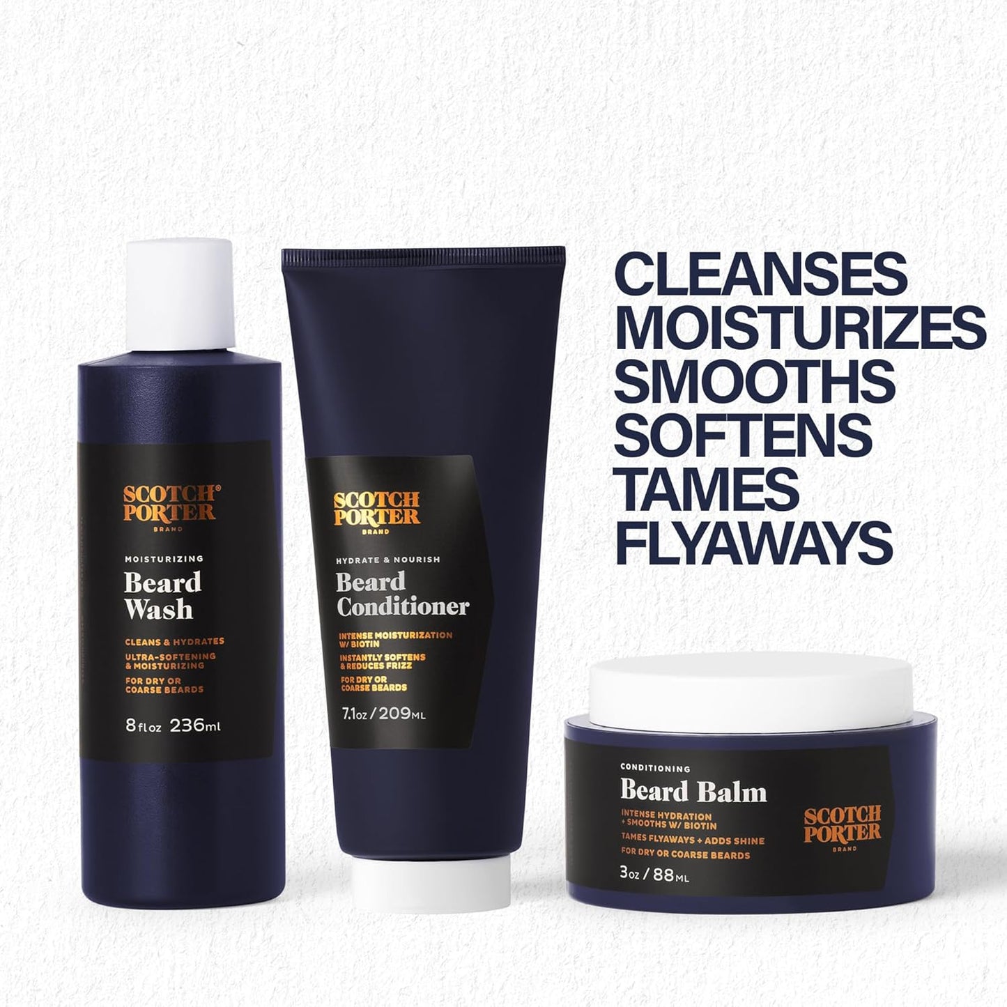 Scotch Porter Beard Wash, Conditioner & Balm – Cleanse, Moisturize, Hydrate, Soften & Style Coarse, Dry Facial Hair while Encouraging Growth for a Fuller, Healthier-Looking Beard