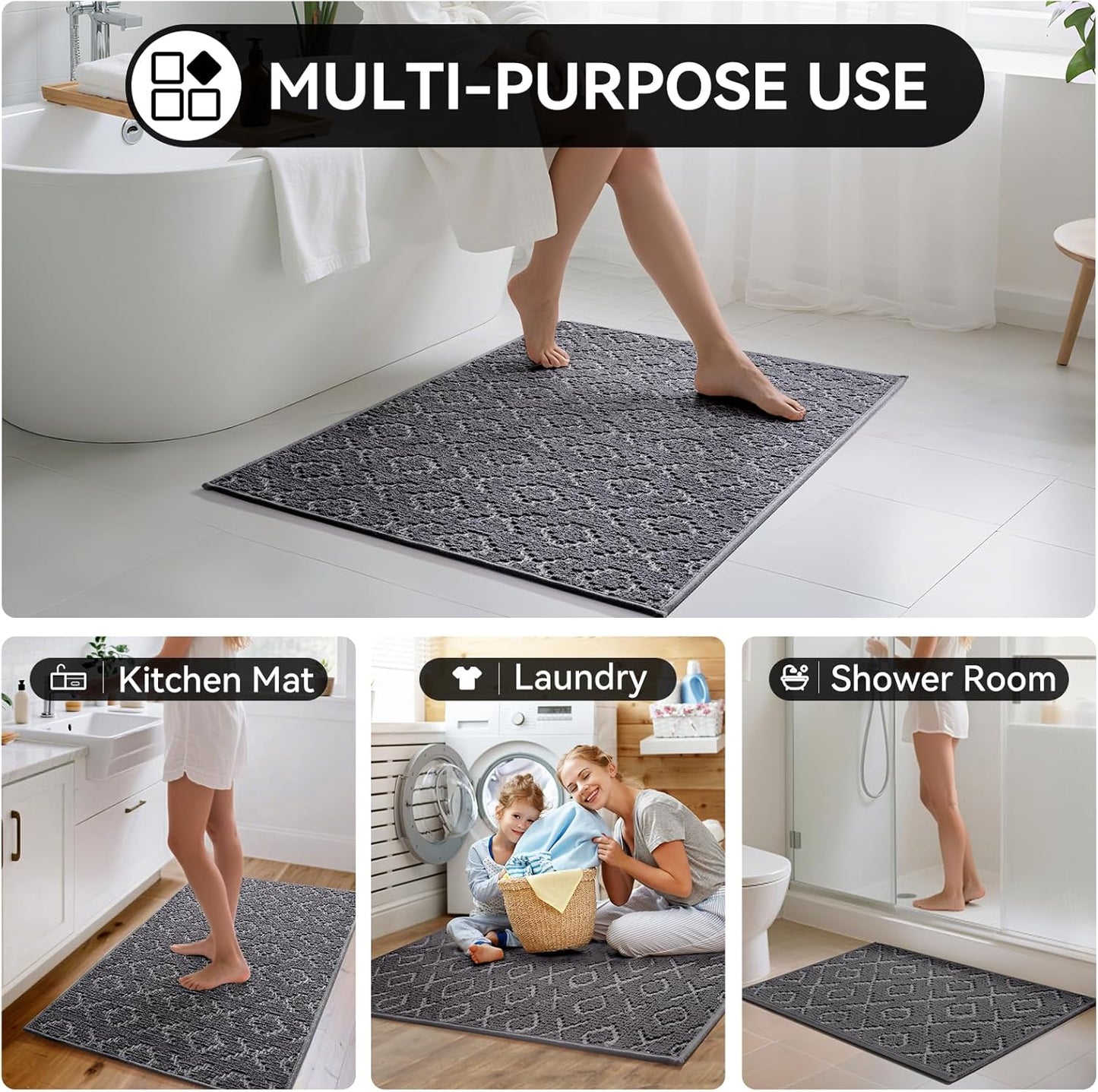 Bathroom Rugs Non Slip, Super Absorbent Quick Dry Bath Mat, Rubber Backing Ultra Thin Bathroom Mats Fit Under Door Bathroom Floor Bathtub Shower