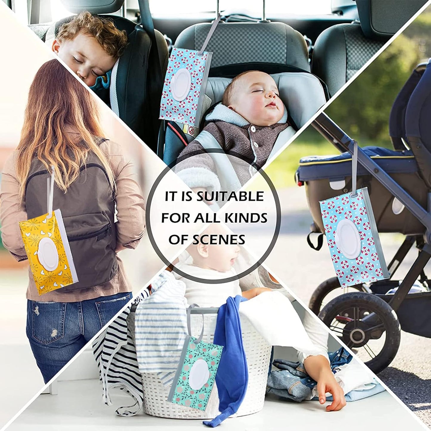 FEBSNOW 6 Pack Baby Wipes Dispenser, Portable Refillable Wipe Holder, Baby Wipes Container, Reusable Wipes Case, Baby Travel Wet Wipes Pouch